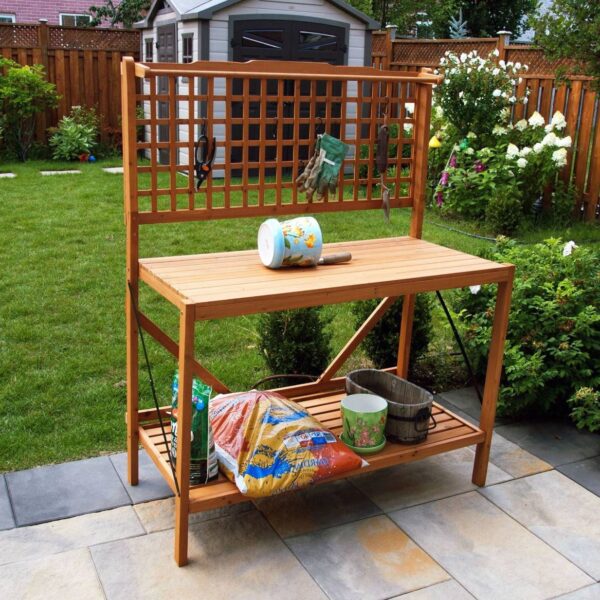 Outdoor Folding Wooden Potting Bench Garden Trellis with Storage Space - Image 4
