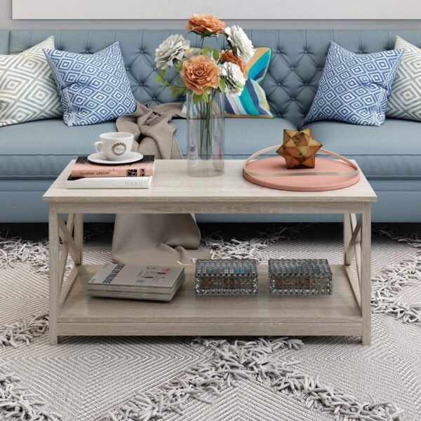 Contemporary Farmhouse Coffee Table in Rustic White Oak Wood Finish - Image 2