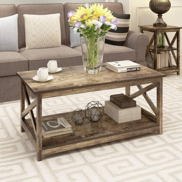 Contemporary 2-Tier Farmhouse Coffee Table in Rustic Wood Finish - Image 2
