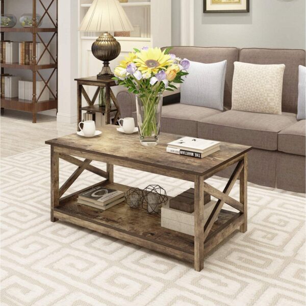 Contemporary 2-Tier Farmhouse Coffee Table in Rustic Wood Finish - Image 4