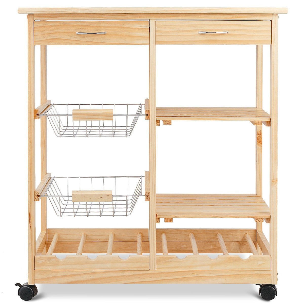 Mobile Wooden Kitchen Cart with Storage Drawers and Wine Rack - Image 2