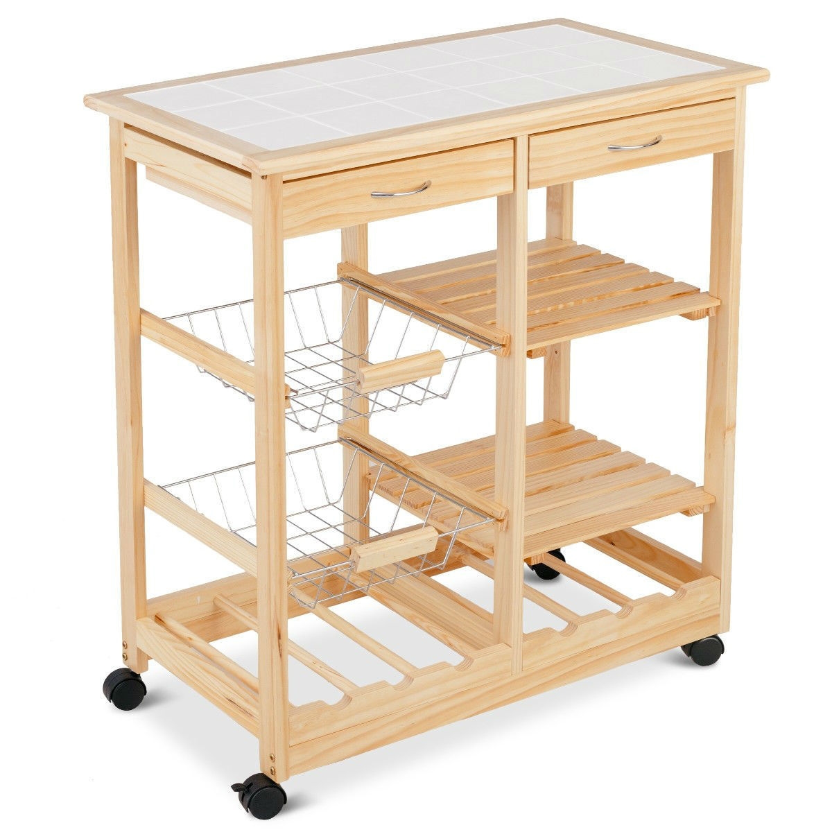 Mobile Wooden Kitchen Cart with Storage Drawers and Wine Rack - Image 3