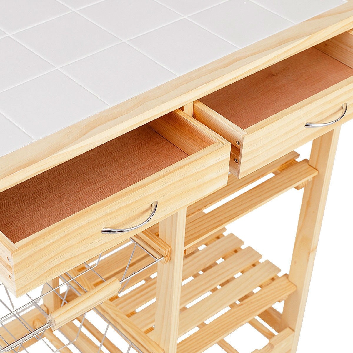 Mobile Wooden Kitchen Cart with Storage Drawers and Wine Rack - Image 4