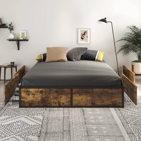 Queen Metal Wood Platform Bed Frame with 4 Storage Drawers - 800 lbs Max Weight - Image 2