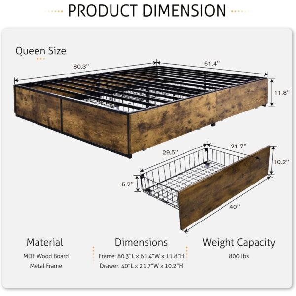 Queen Metal Wood Platform Bed Frame with 4 Storage Drawers - 800 lbs Max Weight - Image 5