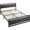 Full Black Metal Platform Bed Frame with Wood Panel Headboard and Footboard - Image 2
