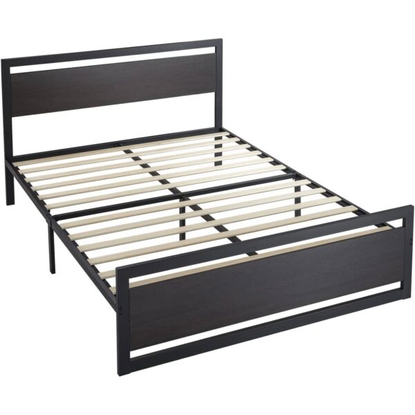 Full Black Metal Platform Bed Frame with Wood Panel Headboard and Footboard - Image 2