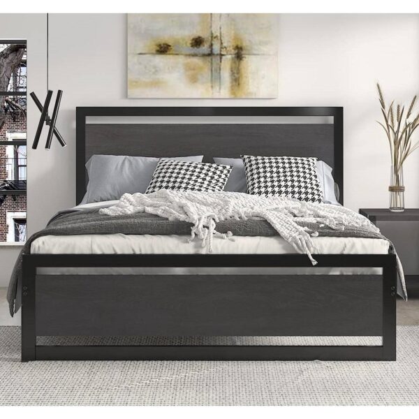 Full Black Metal Platform Bed Frame with Wood Panel Headboard and Footboard - Image 3