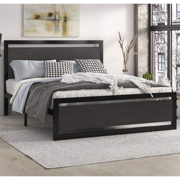 Full Black Metal Platform Bed Frame with Wood Panel Headboard and Footboard - Image 4