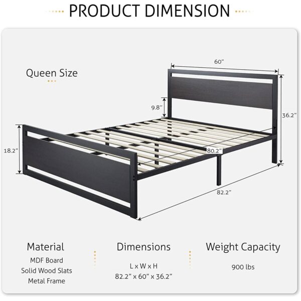 Full Black Metal Platform Bed Frame with Wood Panel Headboard and Footboard - Image 5