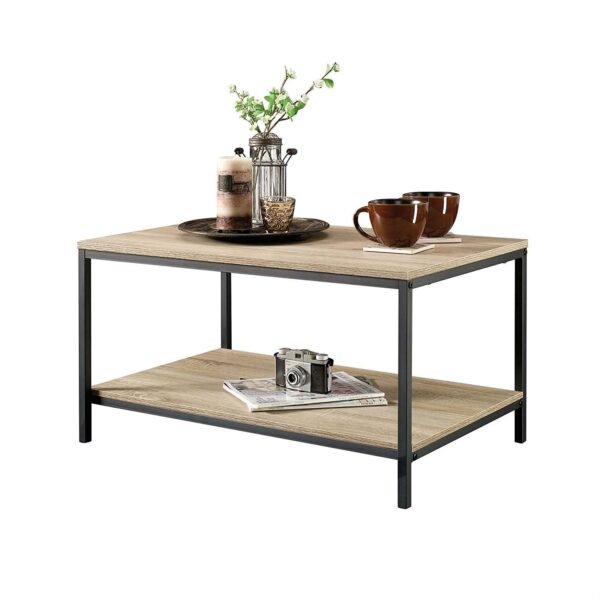 Black Metal Frame Coffee Table with Oak Finish Wood Top and Shelf - Image 2