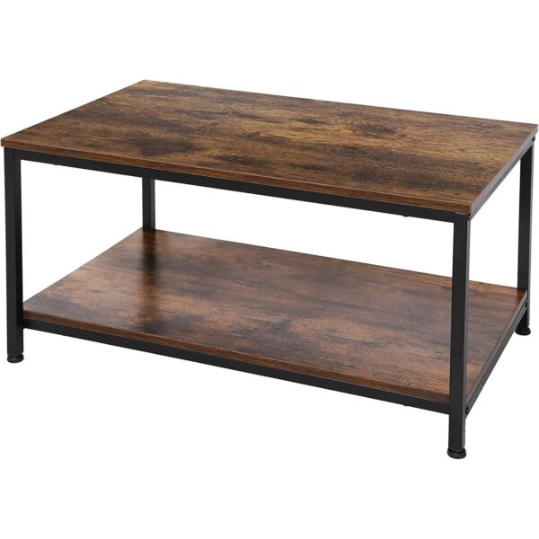 Heavy Duty Industrial 2-Tier Coffee Table in Rustic Brown Wood Finish - Image 2