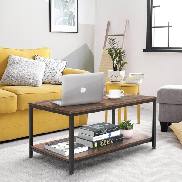 Heavy Duty Industrial 2-Tier Coffee Table in Rustic Brown Wood Finish - Image 4
