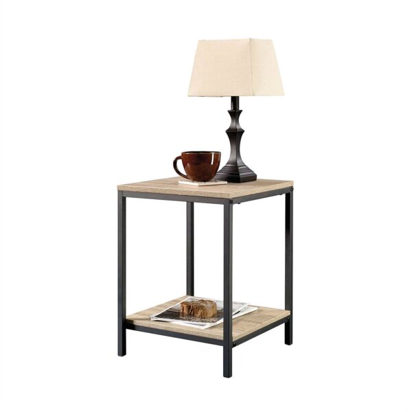 Modern Black Metal Frame End Table with Oak Finish Wood Top and Bottom Shelf - Image 2