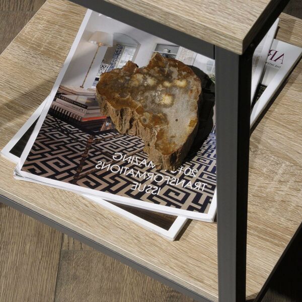 Modern Black Metal Frame End Table with Oak Finish Wood Top and Bottom Shelf - Image 3
