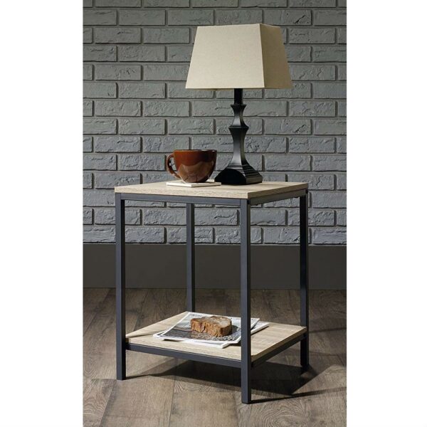 Modern Black Metal Frame End Table with Oak Finish Wood Top and Bottom Shelf - Image 5