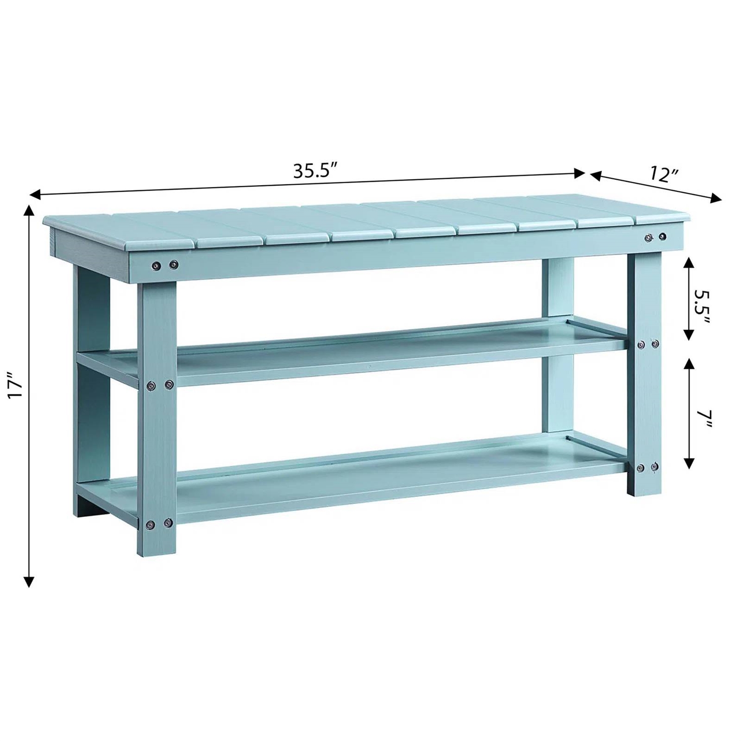 Sea Foam Aqua Blue Wood 2-Shelf Shoe Rack Storage Bench for Entryway or Closet - Image 4
