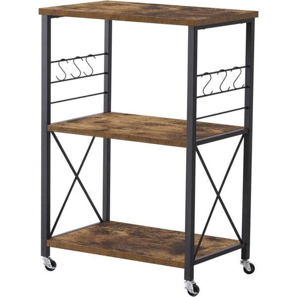 Black Metal Rustic Brown Wood 3-Shelf Kitchen Baker's Rack Microwave Cart - Image 2