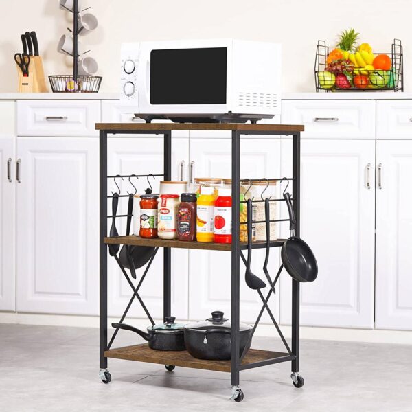 Black Metal Rustic Brown Wood 3-Shelf Kitchen Baker's Rack Microwave Cart - Image 3