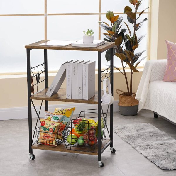 Black Metal Rustic Brown Wood 3-Shelf Kitchen Baker's Rack Microwave Cart - Image 4