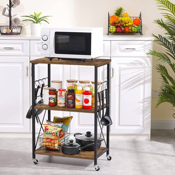 Black Metal Rustic Brown Wood 3-Shelf Kitchen Baker's Rack Microwave Cart - Image 5