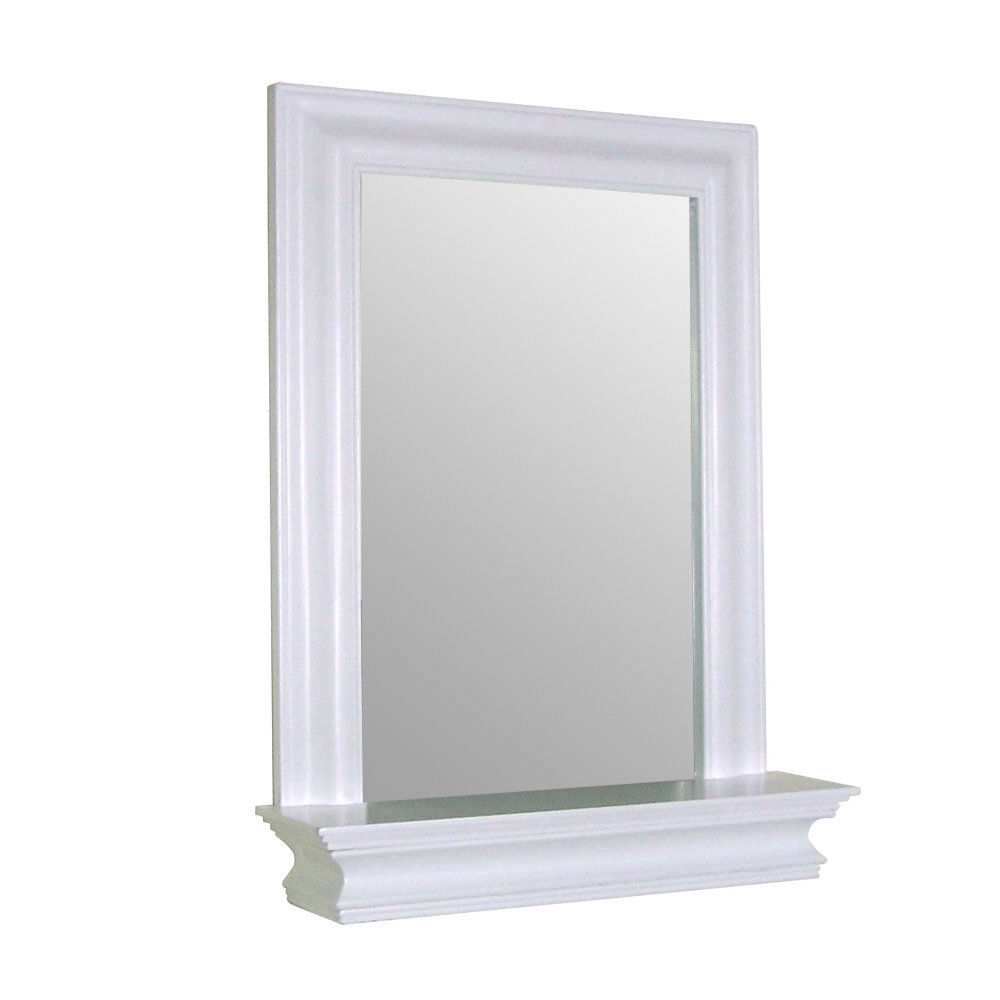 Framed Bathroom Mirror Rectangular Shape with Bottom Shelf in White Wood Finish - Image 2