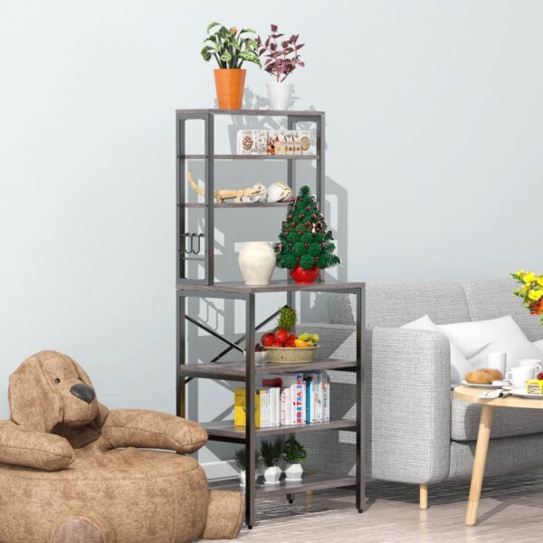 Modern Gray Metal Wood Kitchen Baker's Rack Shelf Microwave Stand - Image 3