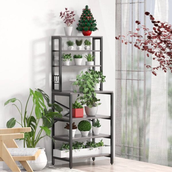 Modern Gray Metal Wood Kitchen Baker's Rack Shelf Microwave Stand - Image 4