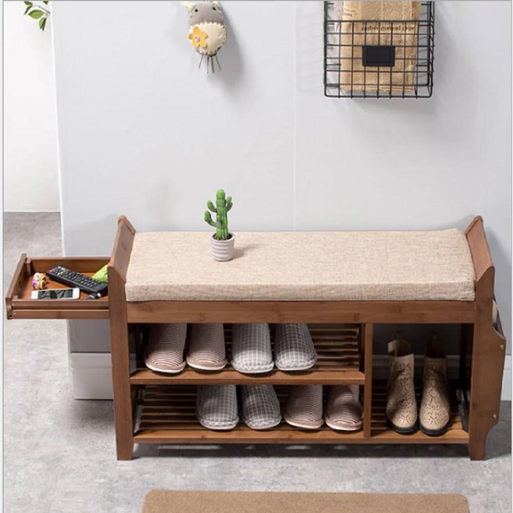 Solid Wood Entryway Shoe Rack Storage Bench with Cushioned Seat 2 Shelves and Drawer - Image 3