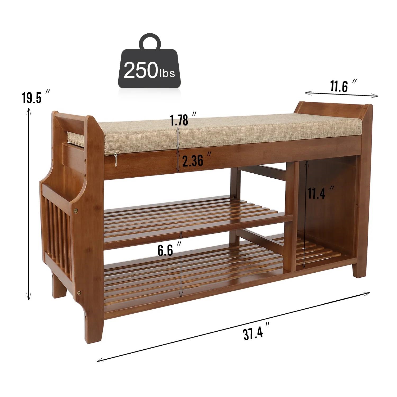 Solid Wood Entryway Shoe Rack Storage Bench with Cushioned Seat 2 Shelves and Drawer - Image 4