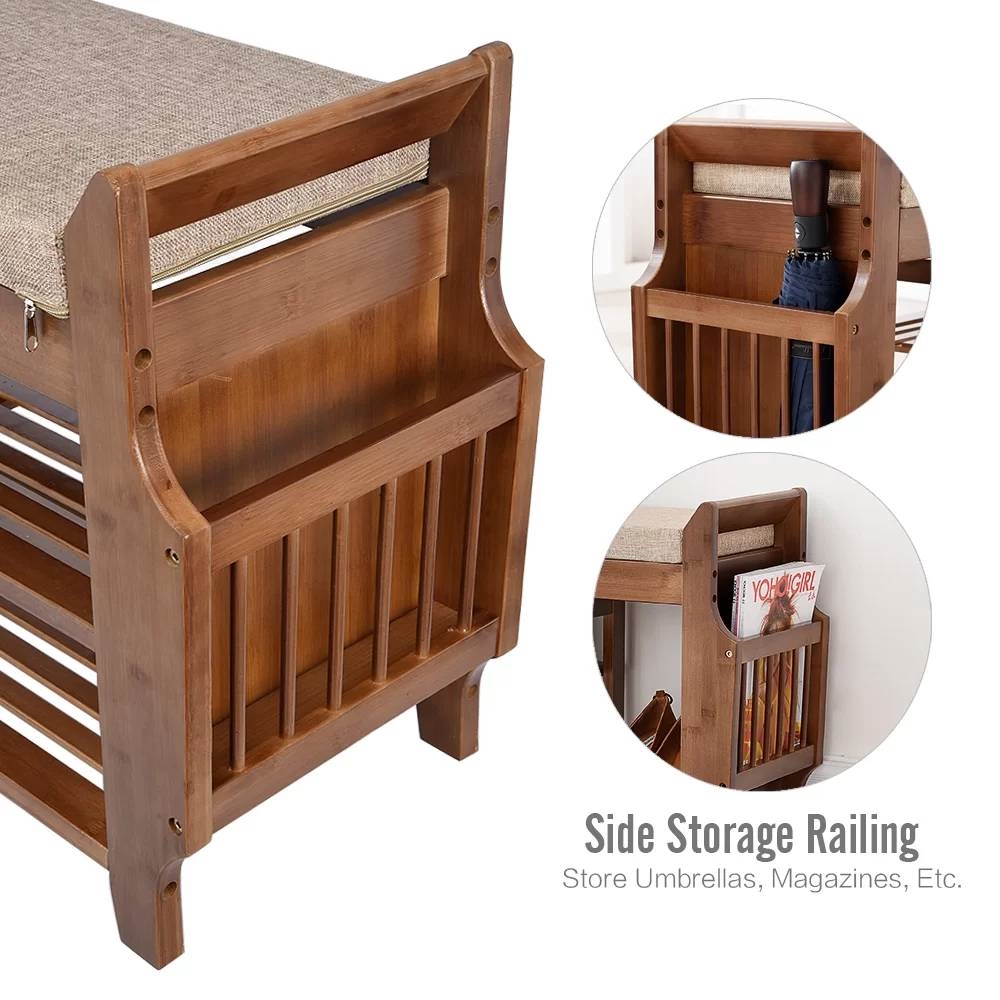 Solid Wood Entryway Shoe Rack Storage Bench with Cushioned Seat 2 Shelves and Drawer - Image 5