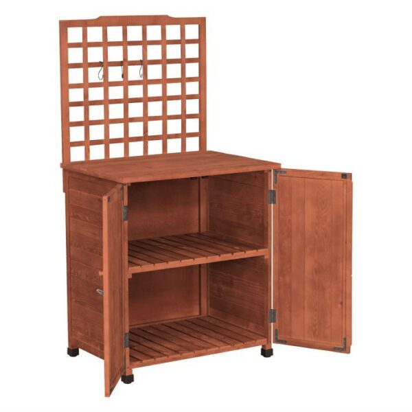 Outdoor Storage Solid Wood Cabinet Potting Bench with Hanging Lattice Trellis - Image 2