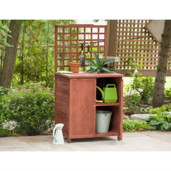 Outdoor Storage Solid Wood Cabinet Potting Bench with Hanging Lattice Trellis - Image 4