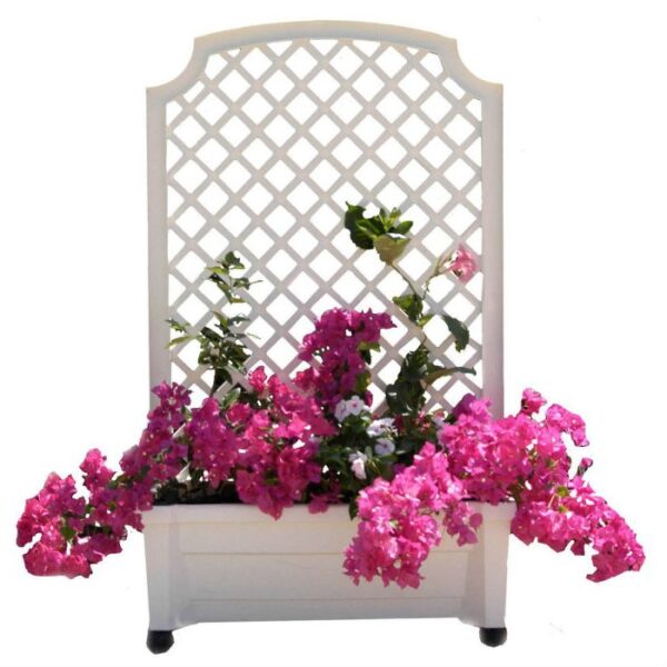 Indoor/Outdoor White Plastic Self Watering Planter with Trellis on Wheels - Image 3