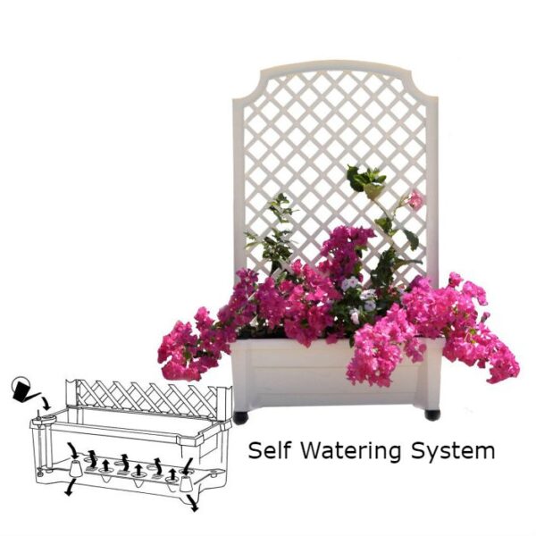 Indoor/Outdoor White Plastic Self Watering Planter with Trellis on Wheels - Image 4