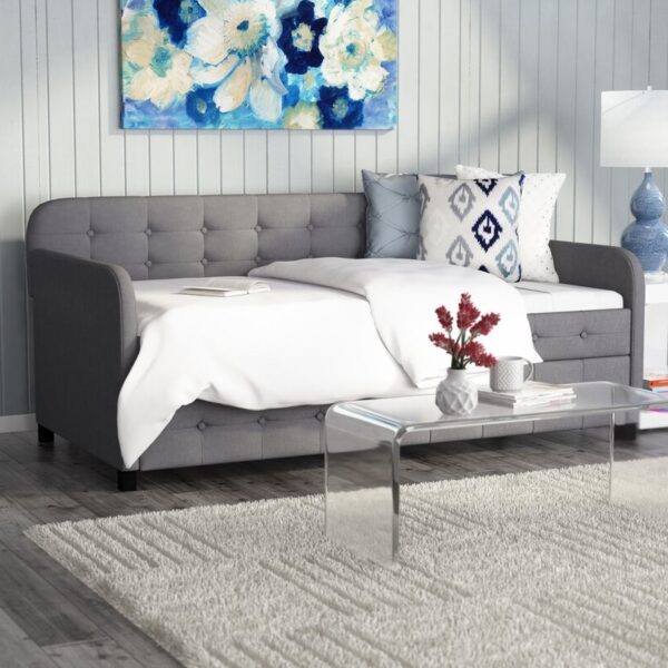 Gray Tufted Polyester Linen Twin Daybed with Trundle - Image 3