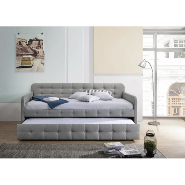 Gray Tufted Polyester Linen Twin Daybed with Trundle - Image 4