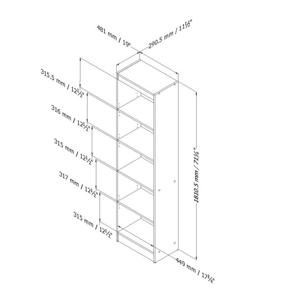 Cherry Wood Finish 71-inch Tall Skinny 5-Shelf Space Saving Bookcase - Image 3