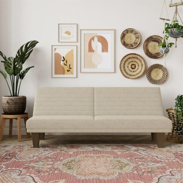 Tan Modern Upholstered Microfiber Adjustable Futon Sleeper Sofa - Image 3