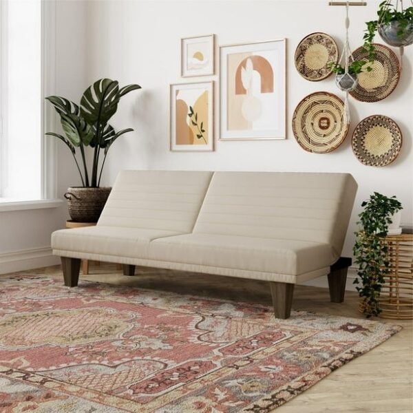 Tan Modern Upholstered Microfiber Adjustable Futon Sleeper Sofa - Image 4