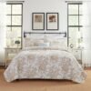 King size 3 Piece Bed-in-a-Bag Bohemian Tan Beige Floral Cotton Quilt Set - Image 2