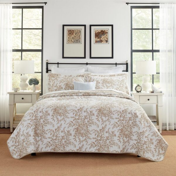 Full/Queen 3 Piece Bed-in-a-Bag Bohemian Tan Beige Floral Cotton Quilt Set - Image 2
