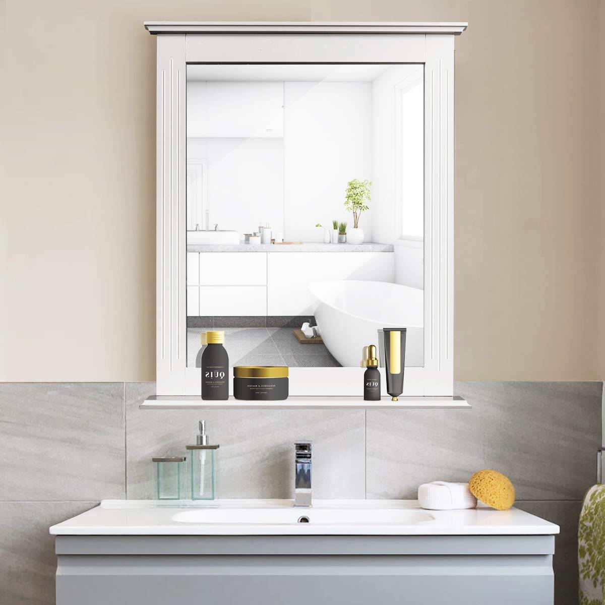 White Rectangle Bedroom Bathroom Vanity Wall Mirror with Bottom Shelf - Image 2