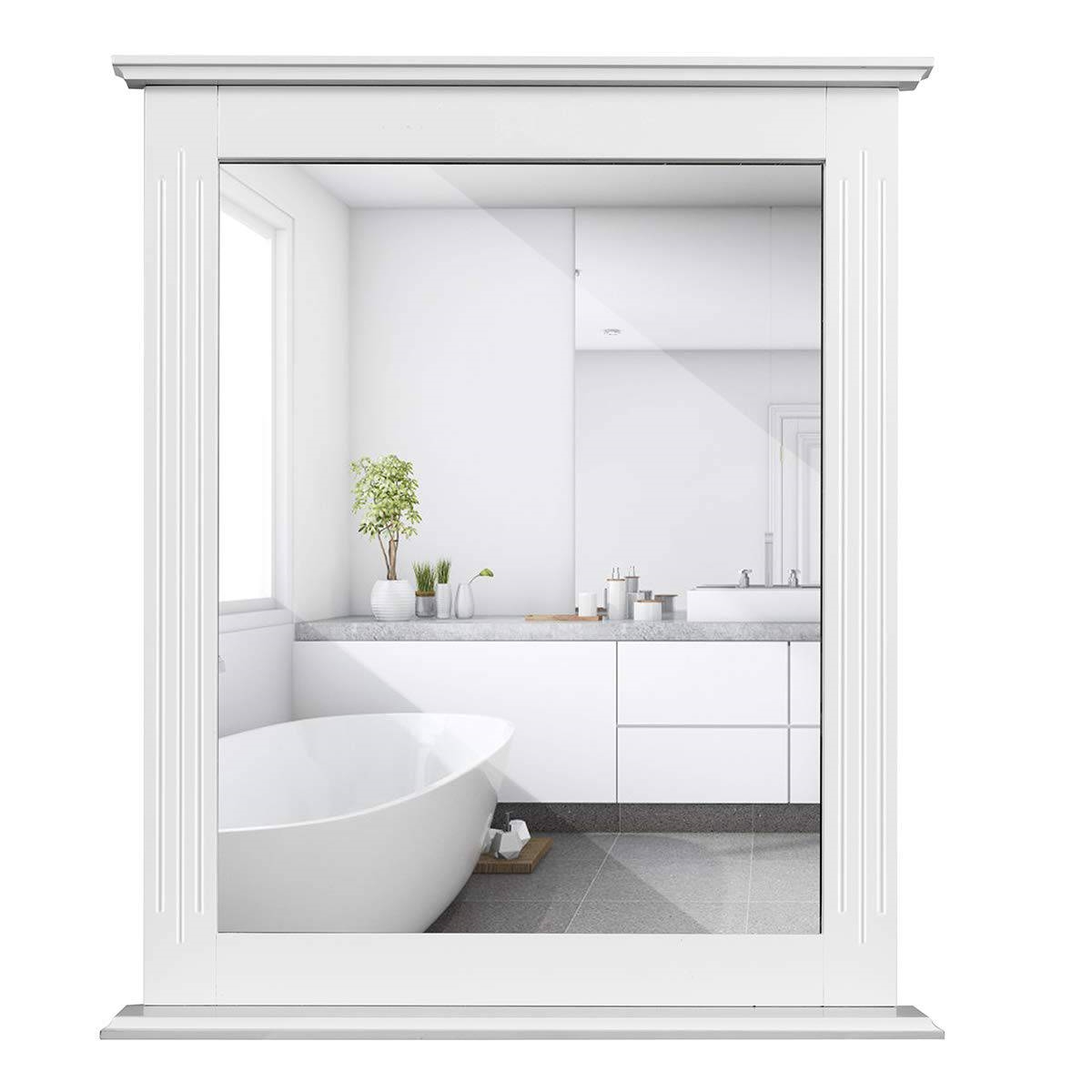 White Rectangle Bedroom Bathroom Vanity Wall Mirror with Bottom Shelf - Image 4