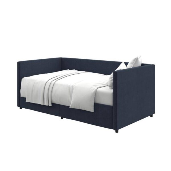 Navy Blue Linen Upholstered Daybed with Pull-Out Storage Drawers - Image 2