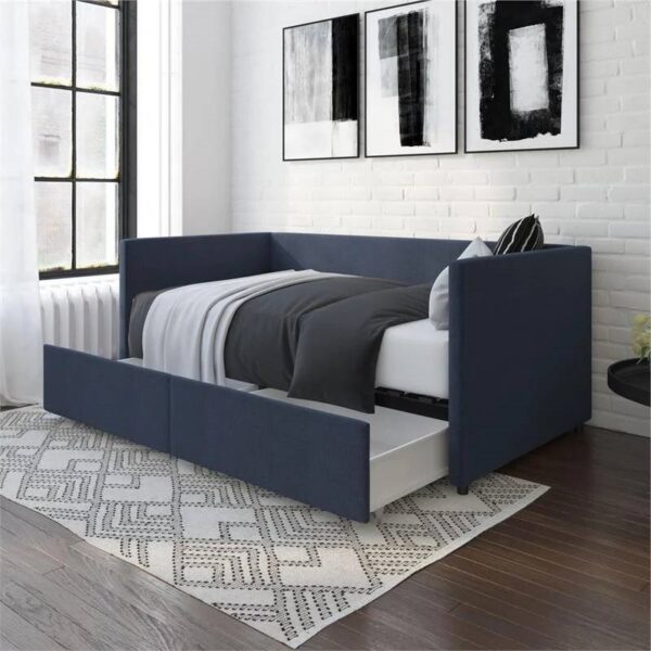 Navy Blue Linen Upholstered Daybed with Pull-Out Storage Drawers - Image 3