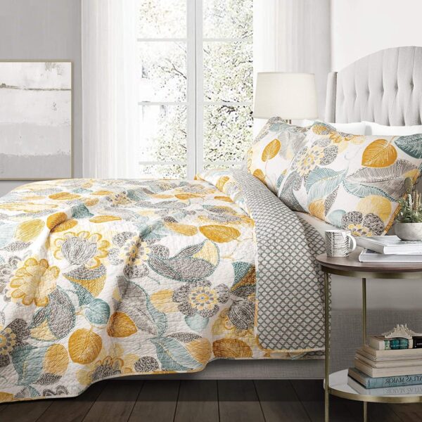 Full/Queen 3 Piece Reversible Yellow Grey Teal Floral Leaves Cotton Quilt Set - Image 2