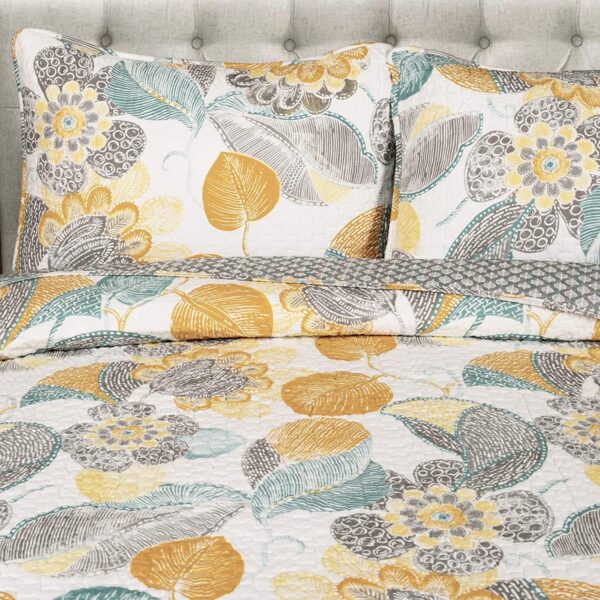 Full/Queen 3 Piece Reversible Yellow Grey Teal Floral Leaves Cotton Quilt Set - Image 3