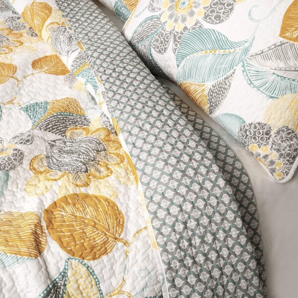 Full/Queen 3 Piece Reversible Yellow Grey Teal Floral Leaves Cotton Quilt Set - Image 4
