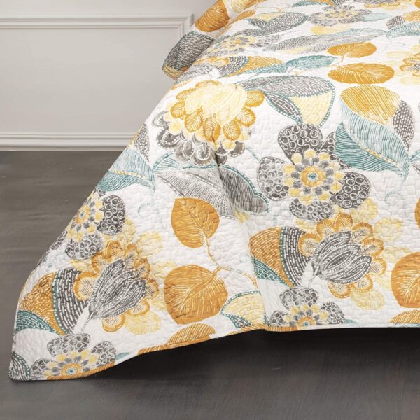Full/Queen 3 Piece Reversible Yellow Grey Teal Floral Leaves Cotton Quilt Set - Image 5